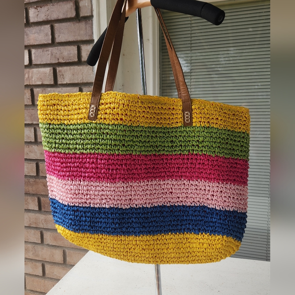 INC Colorful Striped Straw Tote Bag.  NWT - Picture 4 of 12